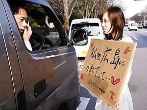 Japanese hitchhiker sucks and swallows cum in explicit video